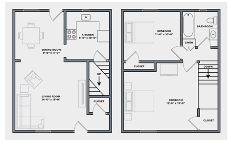 Floor plan for 2 beds, 1 bath, 950 sqft